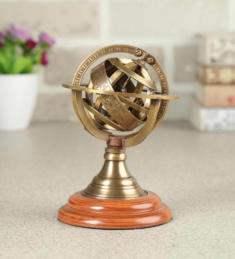Brass And Wood Zodiac Sphere Show Piece