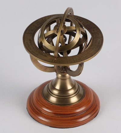 Brass And Wood Zodiac Sphere Show Piece