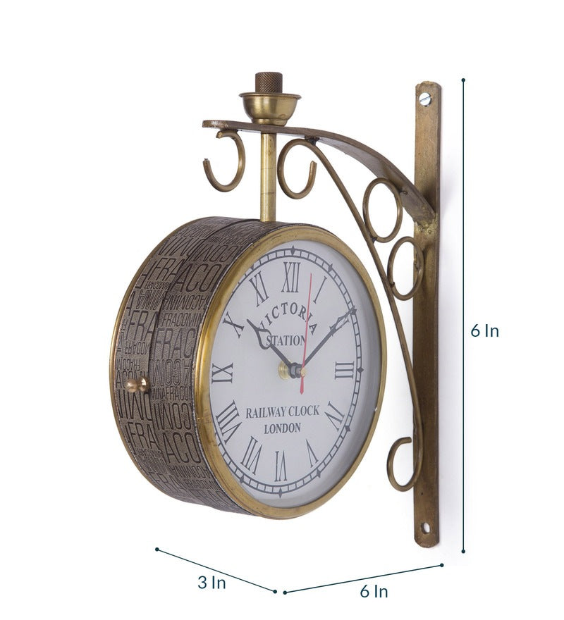 Gold Iron Leather Wrapped Words Embedded 6 Inch Dial Victoria Double Sided Platform Clock