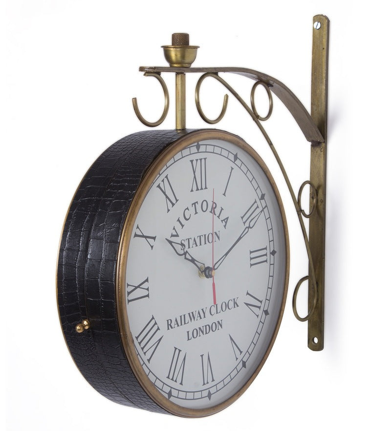 Dark Brown Leather Double Sided Station Victoria Wall Clock