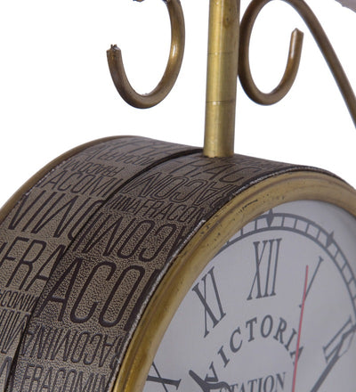 Gold Iron Leather Wrapped Words Embedded 6 Inch Dial Victoria Double Sided Platform Clock