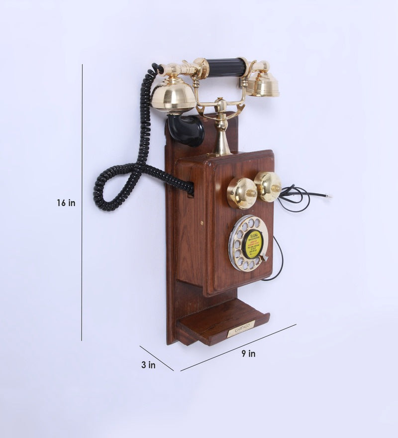 Wood And Brass Retro Telephone With Shelf