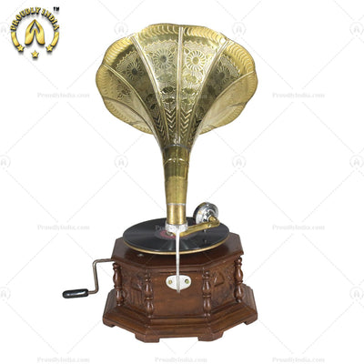 Vintage Music Player Octagon Carved Box With Gold Horn