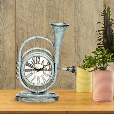 Grey Iron Vintage Horn Shape Rustic Table Top Clock