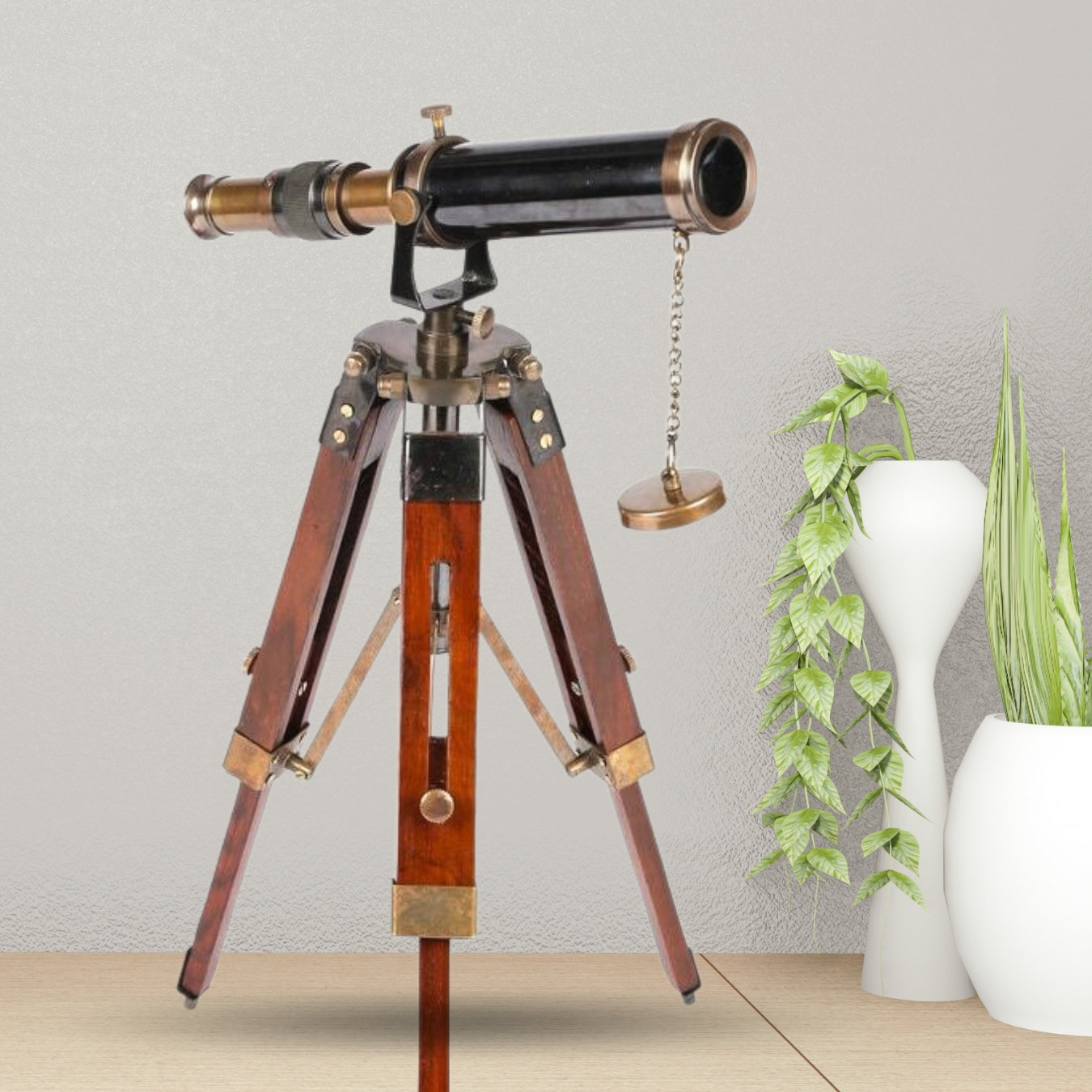 Brown And Brass Telescope With Tripod Stand