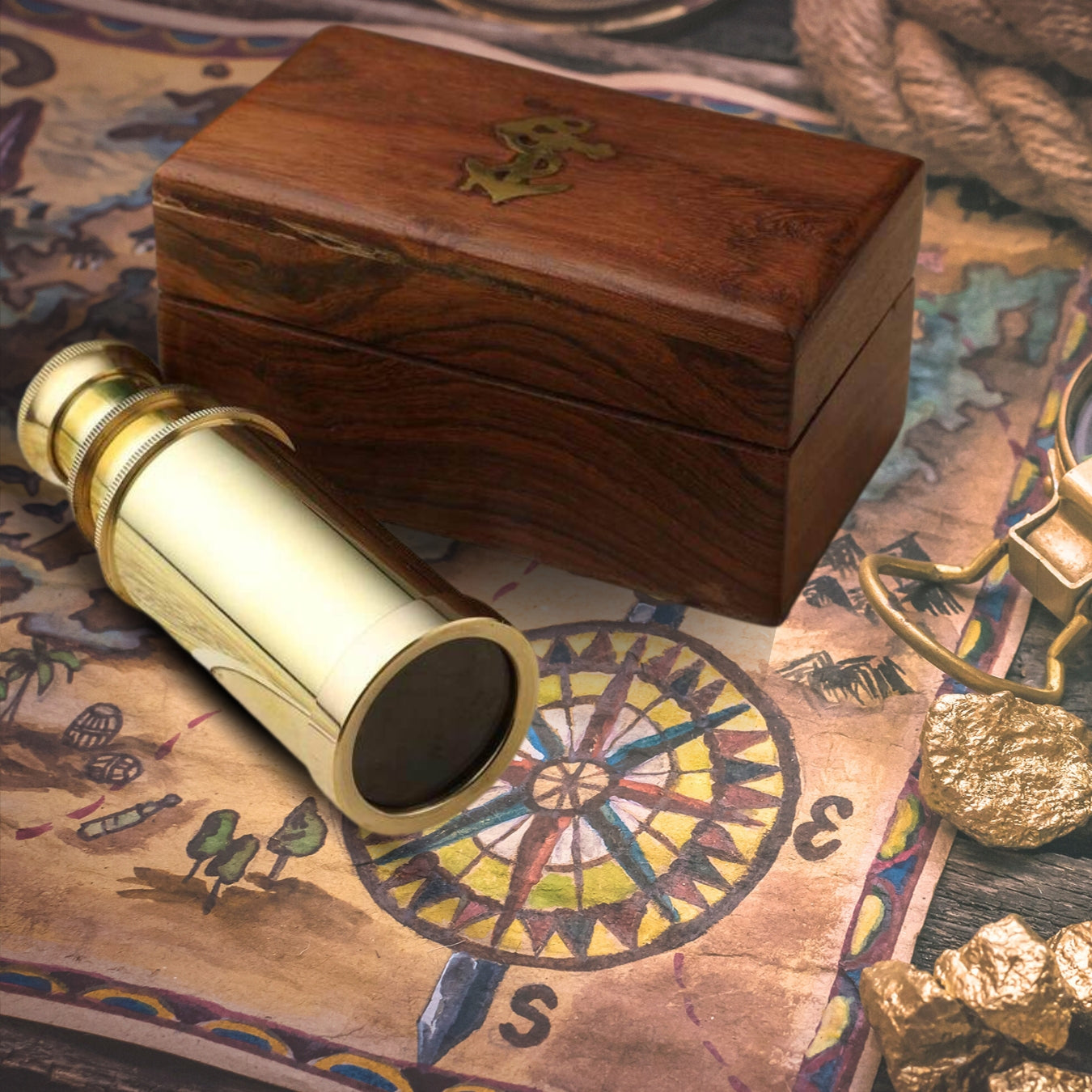 Antique And Compact Gold Finish Brass Telescope In Box
