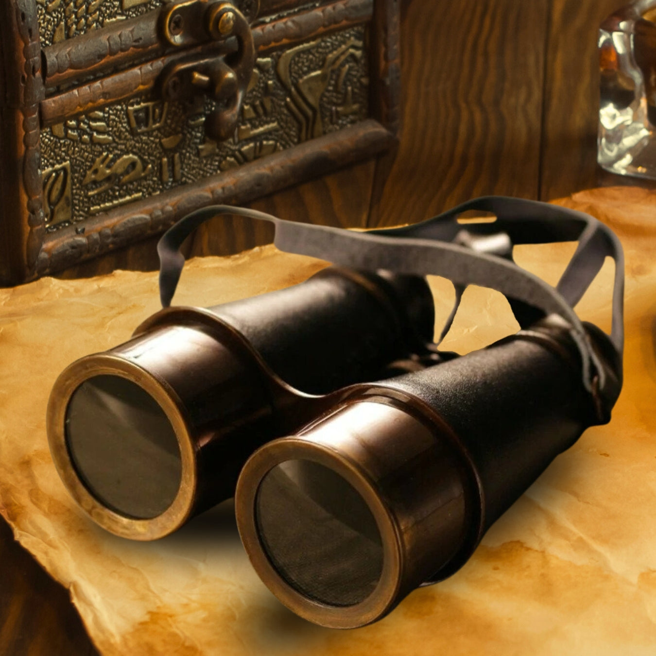 Black And Brown Leather Wrapped Binoculars With Leather Pouch