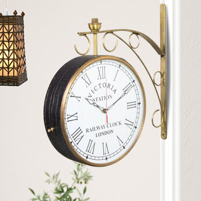 Dark Brown Leather Double Sided Station Victoria Wall Clock