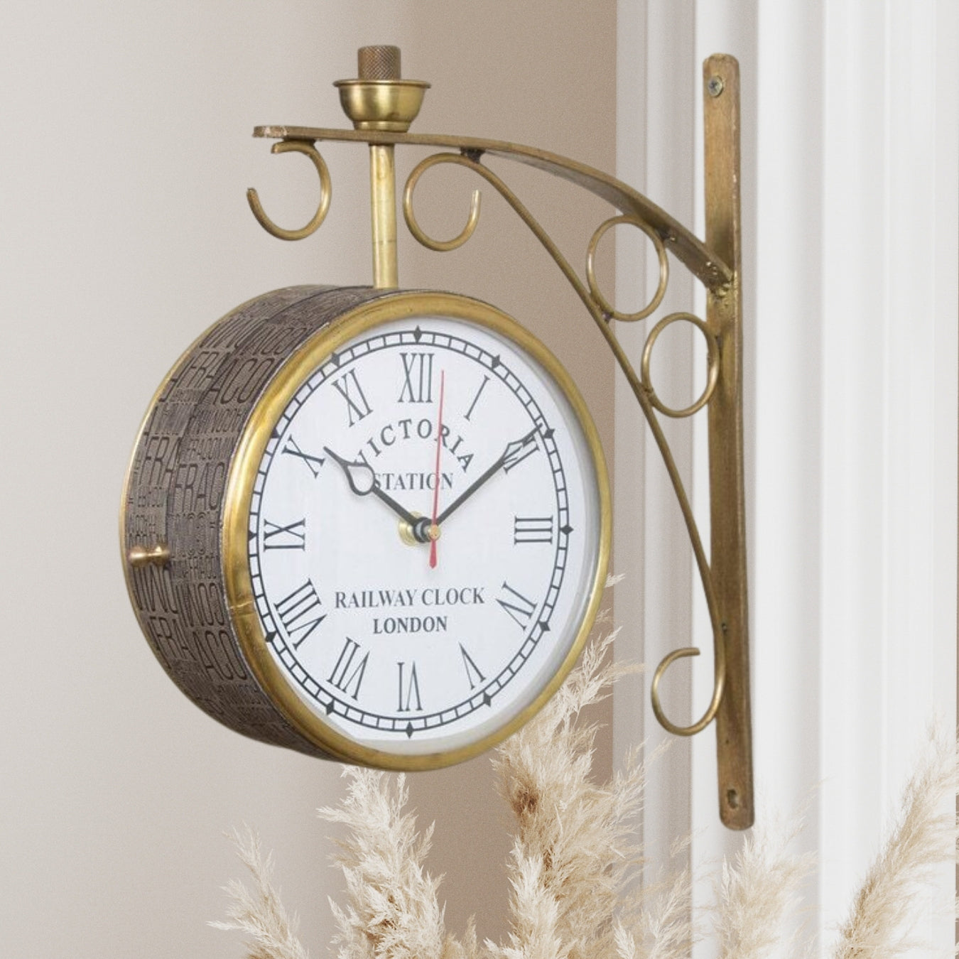 Gold Iron Leather Wrapped Words Embedded 6 Inch Dial Victoria Double Sided Platform Clock