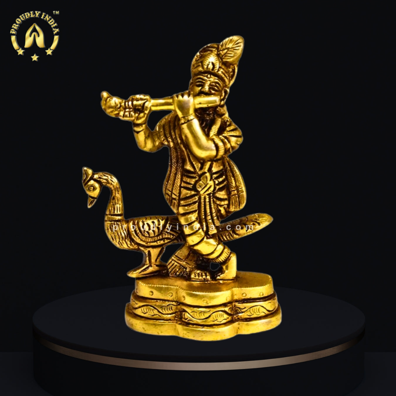 Brass Krishna Standing Whistling Flute With Peacock Statue