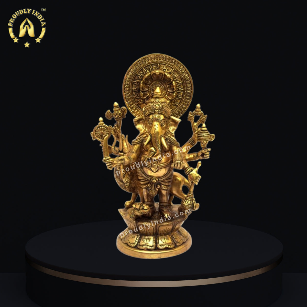 Brass Ganesha Standing With Lion Idol