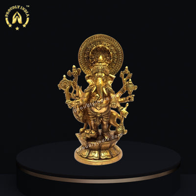 Brass Ganesha Standing With Lion Idol