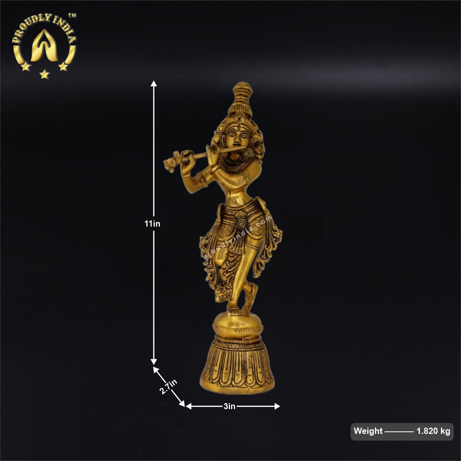 11" Brass Shri Krishna With Flute Statue