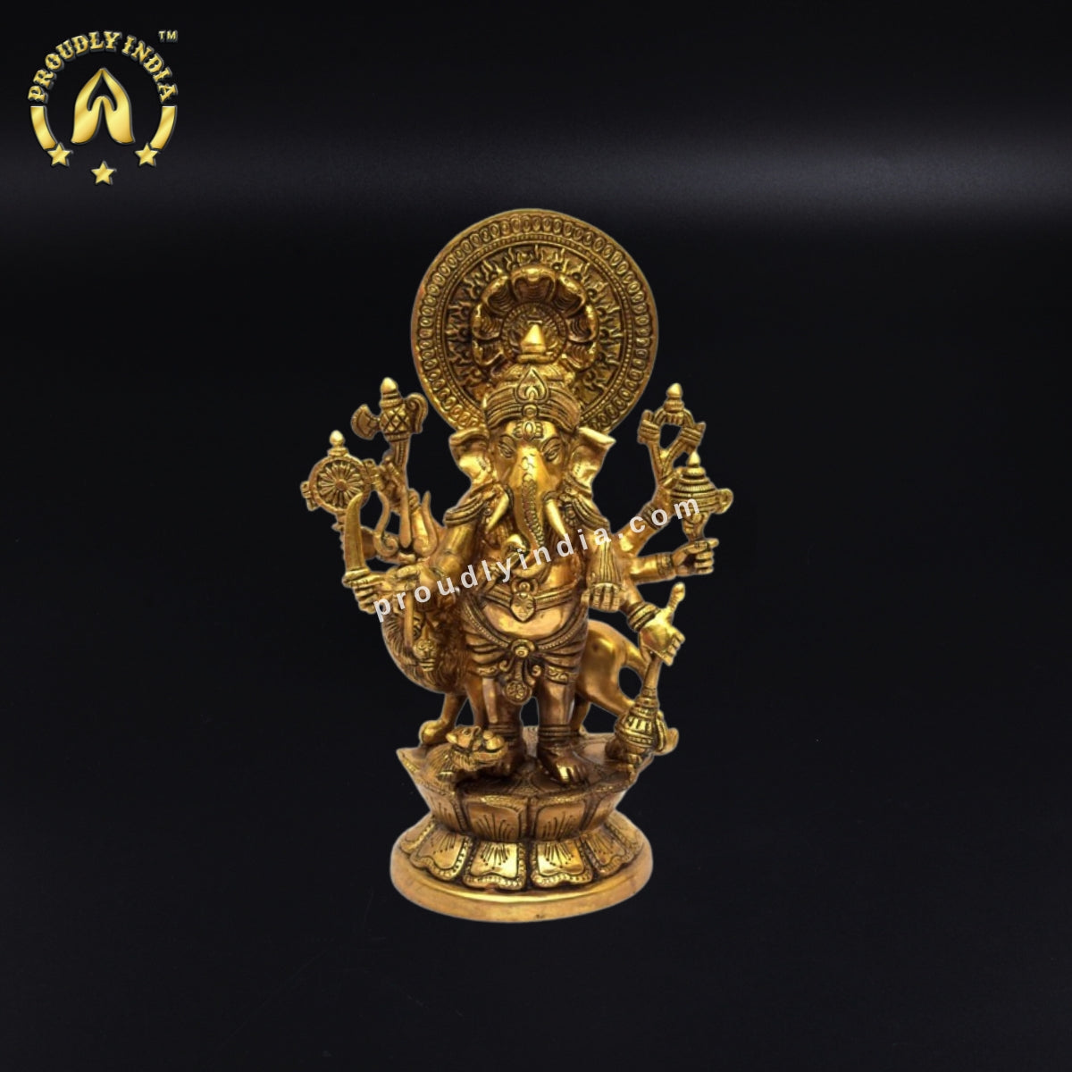 Brass Ganesha Standing With Lion Idol