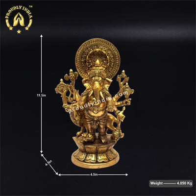 Brass Ganesha Standing With Lion Idol