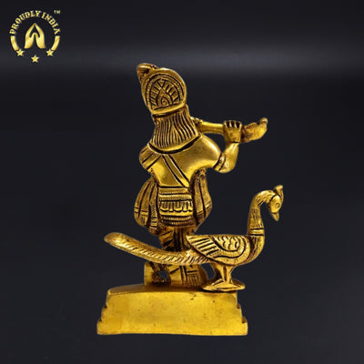 Brass Krishna Standing Whistling Flute With Peacock Statue