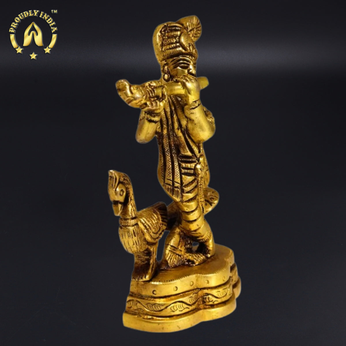Brass Krishna Standing Whistling Flute With Peacock Statue