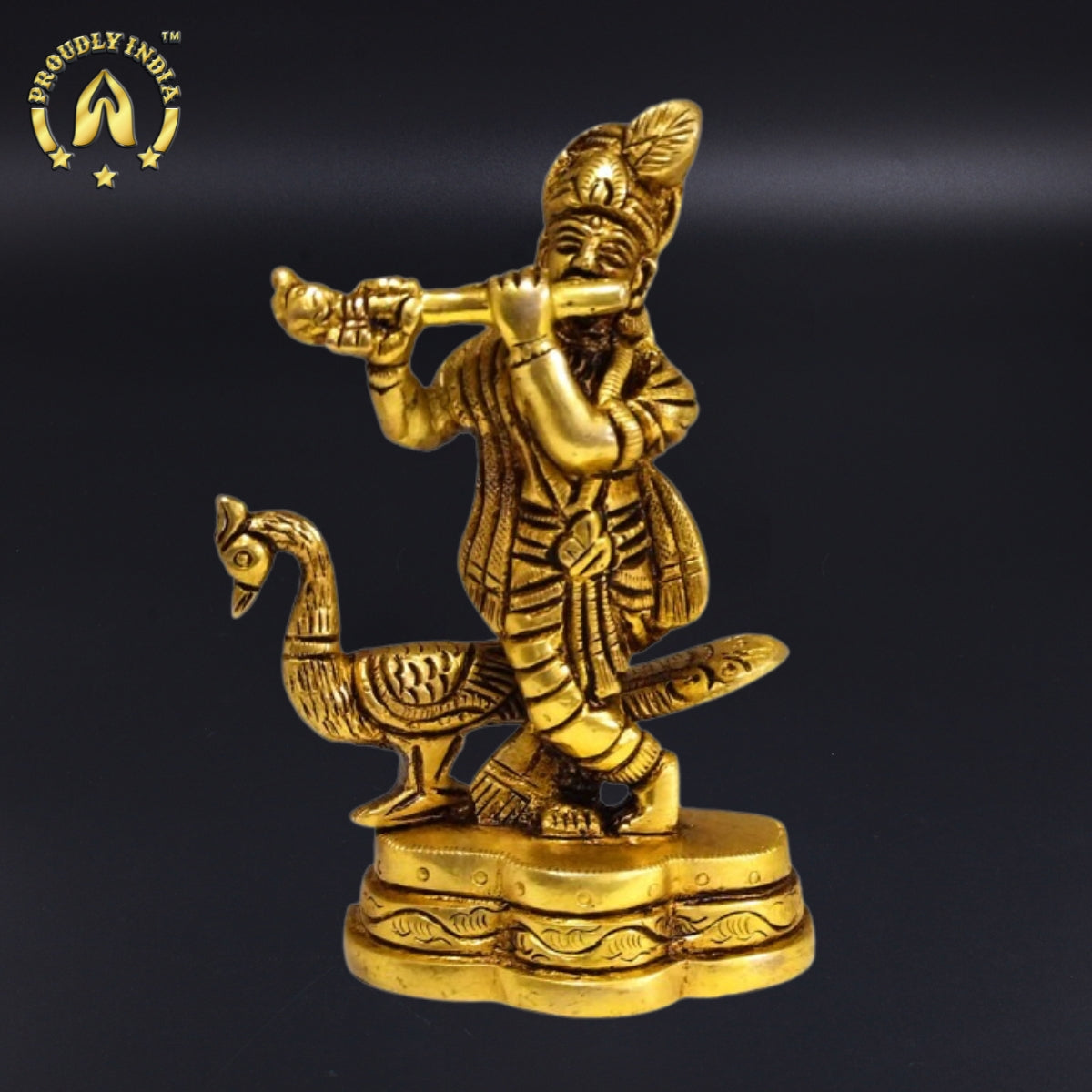 Brass Krishna Standing Whistling Flute With Peacock Statue
