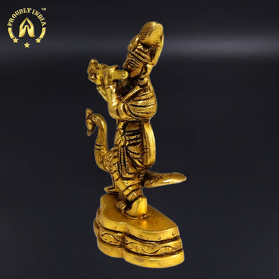 Brass Krishna Standing Whistling Flute With Peacock Statue