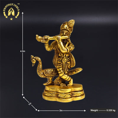 Brass Krishna Standing Whistling Flute With Peacock Statue