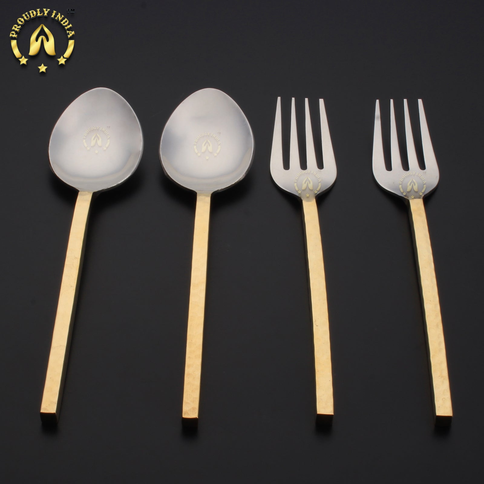 Set Of 8 Brass and Steel Flatware Cutlery Set