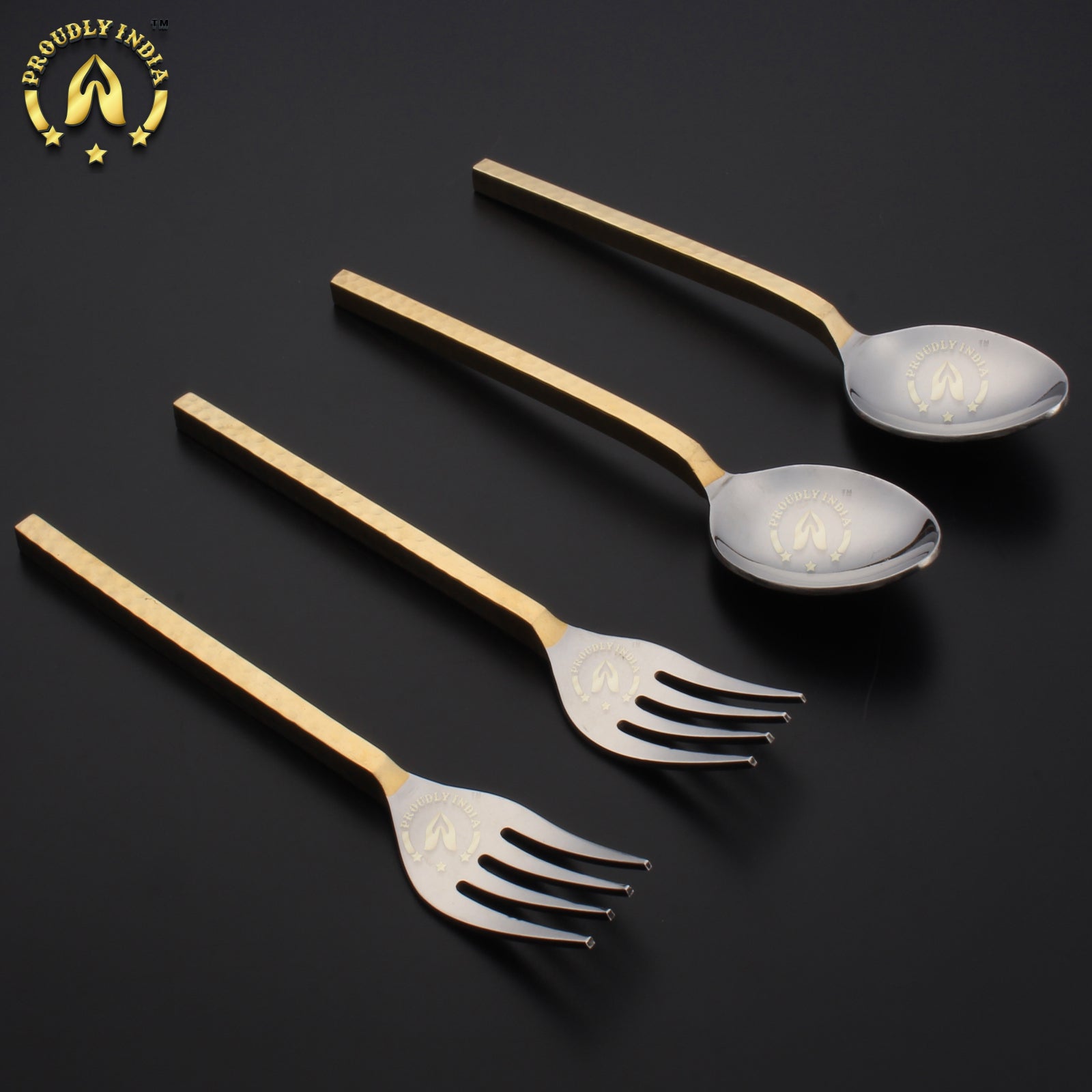 Set Of 8 Brass and Steel Flatware Cutlery Set
