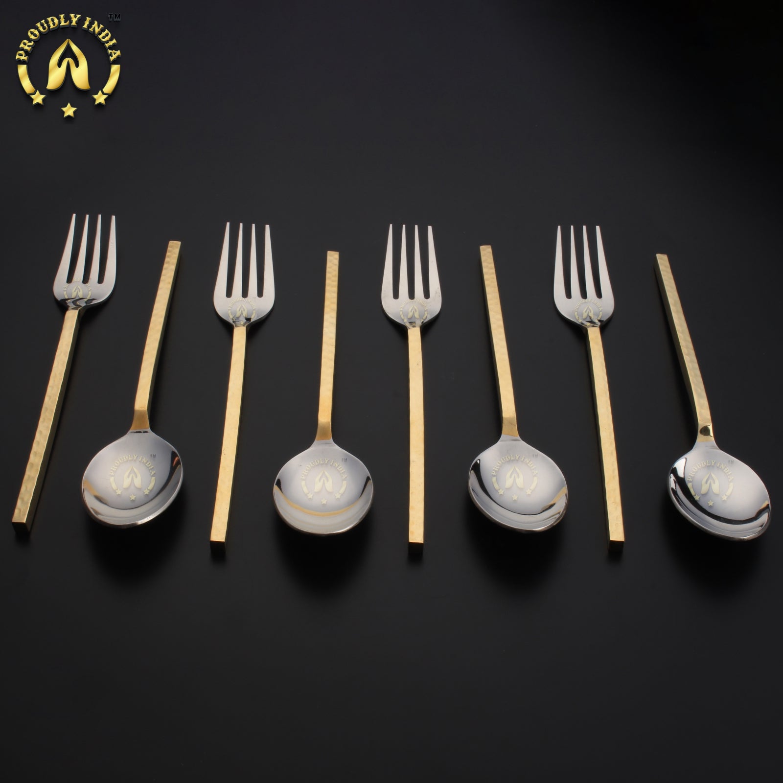 Set Of 8 Brass and Steel Flatware Cutlery Set