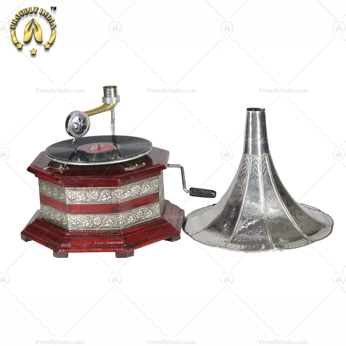 Antique Gramophone Silver Embossed Base With Horn