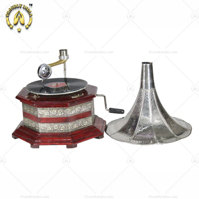 Antique Gramophone Silver Embossed Base With Horn
