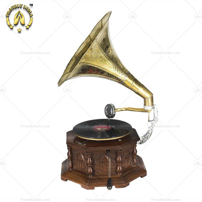 Vintage Music Player Octagon Carved Box With Gold Horn