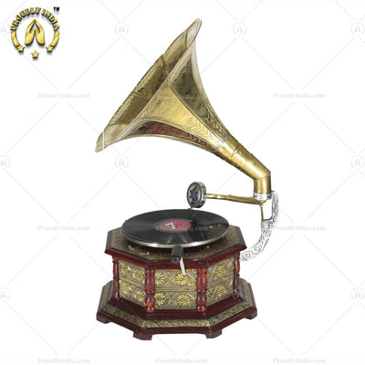 HMV Gramophone With Brass Floral Carving