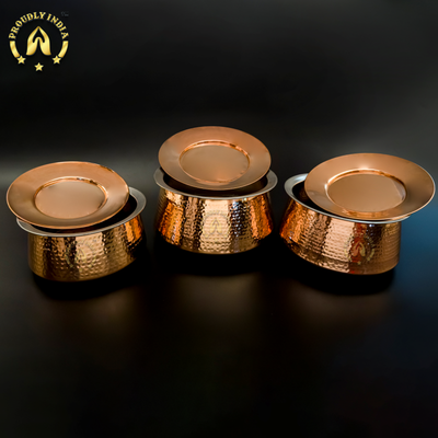 Set Of 3 Hammered Copper Handi with Lid