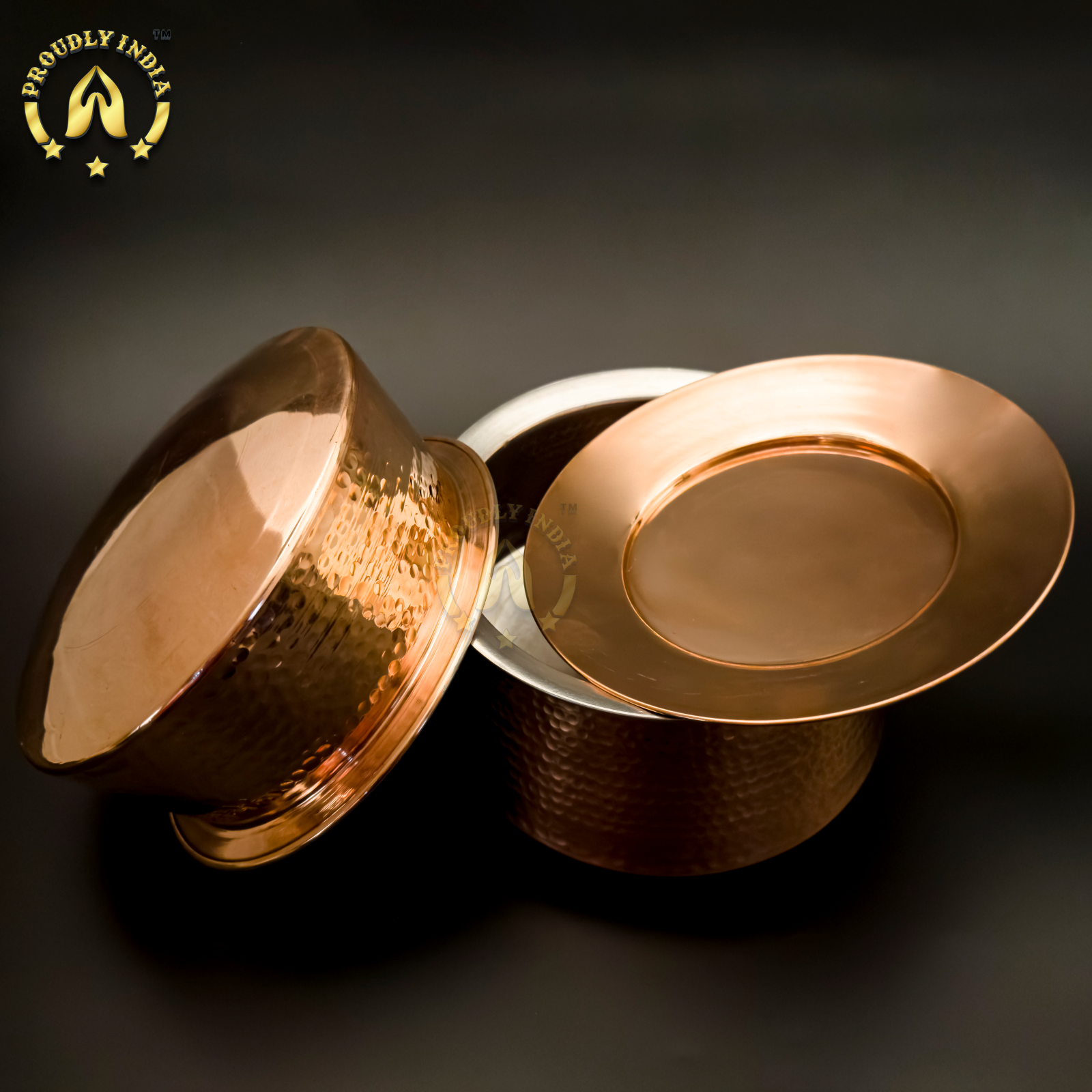 Set Of 3 Hammered Copper Handi with Lid