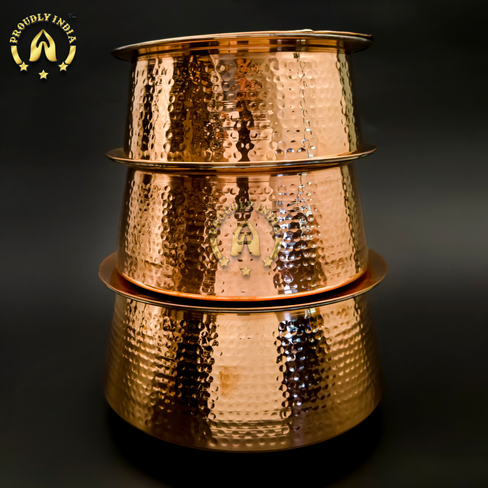 Set Of 3 Hammered Copper Handi with Lid
