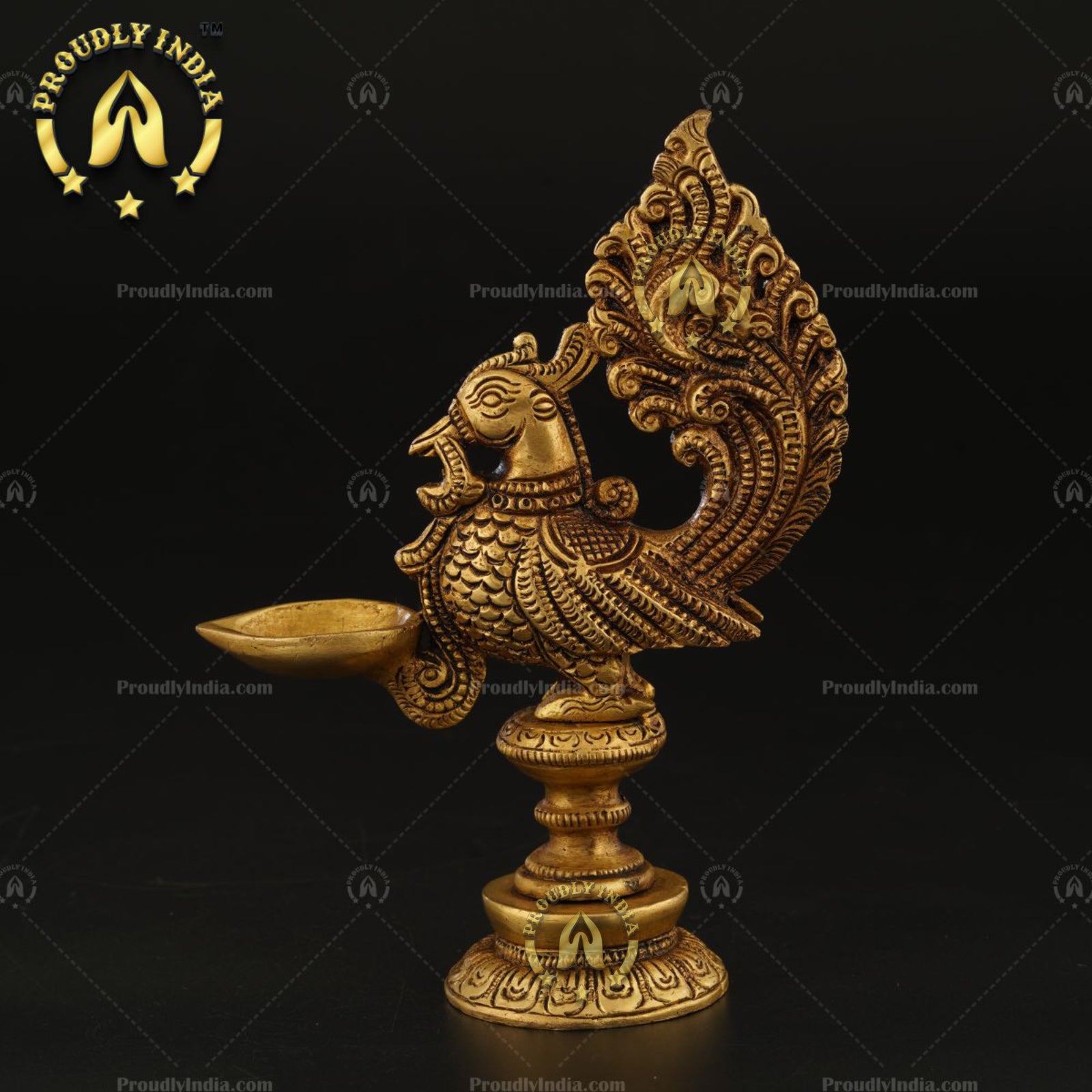 Traditional Peacock Brass Oil Lamp Diya Stand Set