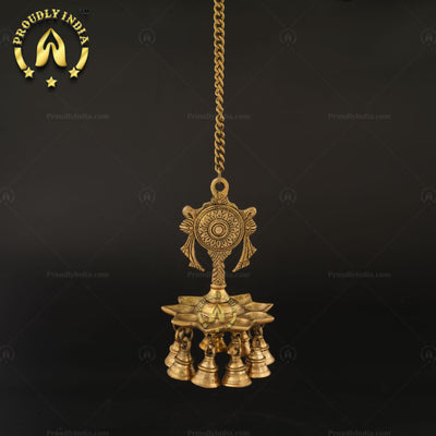 Brass Wall Hanging Sanghu Chakra 9 Wicks Diya With Bell
