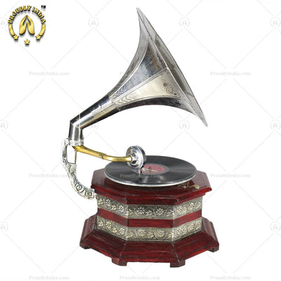 Antique Gramophone Silver Embossed Base With Horn
