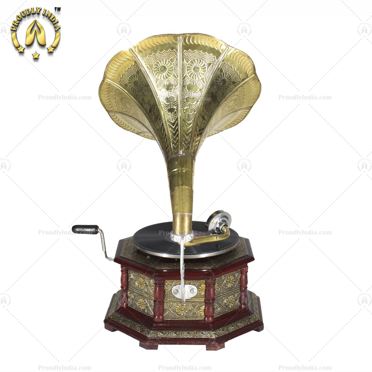 HMV Gramophone With Brass Floral Carving