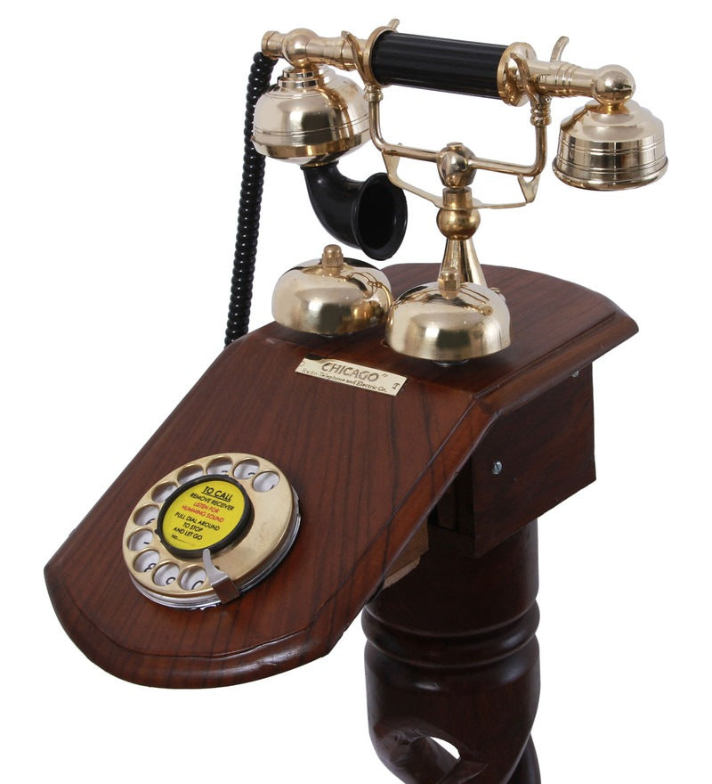 Wood And Brass Retro Pole Type Standing Telephone