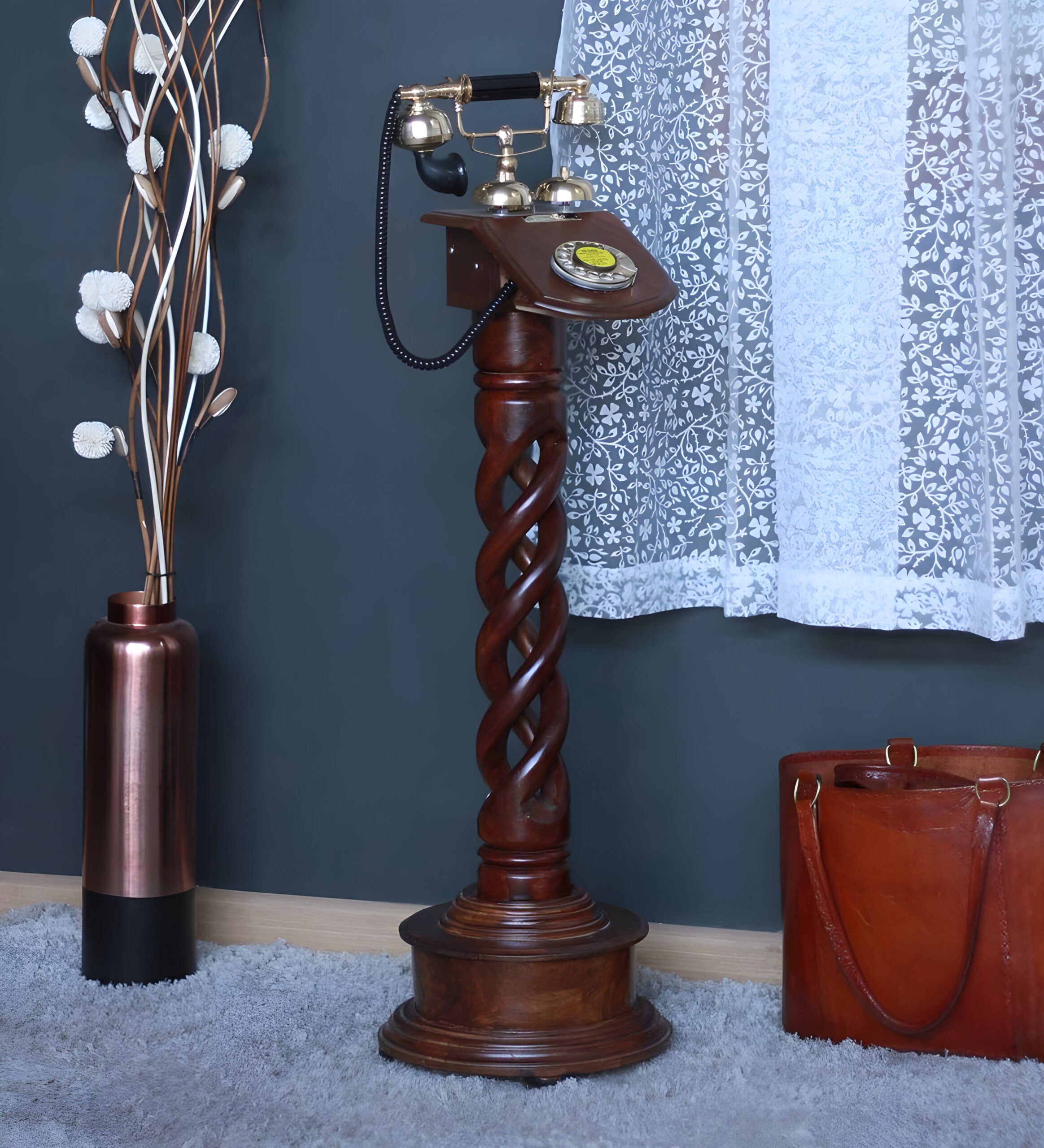 Wood And Brass Retro Pole Type Standing Telephone