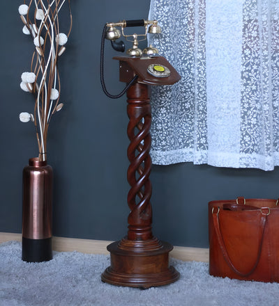 Wood And Brass Retro Pole Type Standing Telephone
