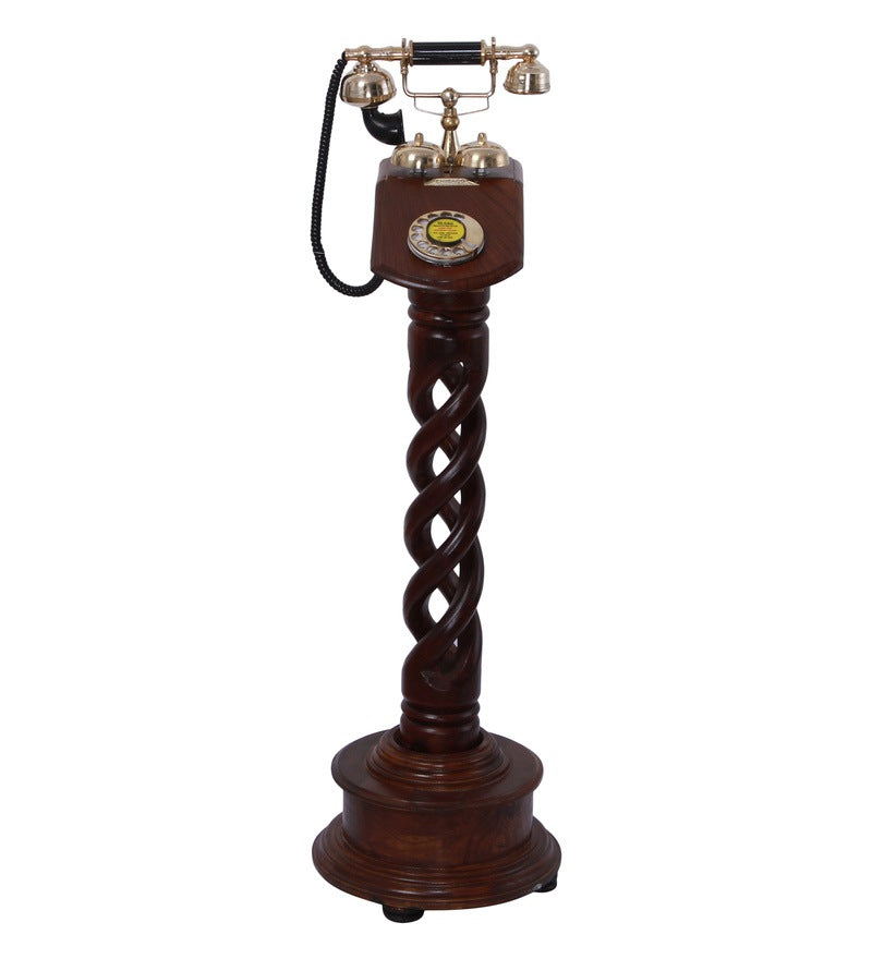Wood And Brass Retro Pole Type Standing Telephone