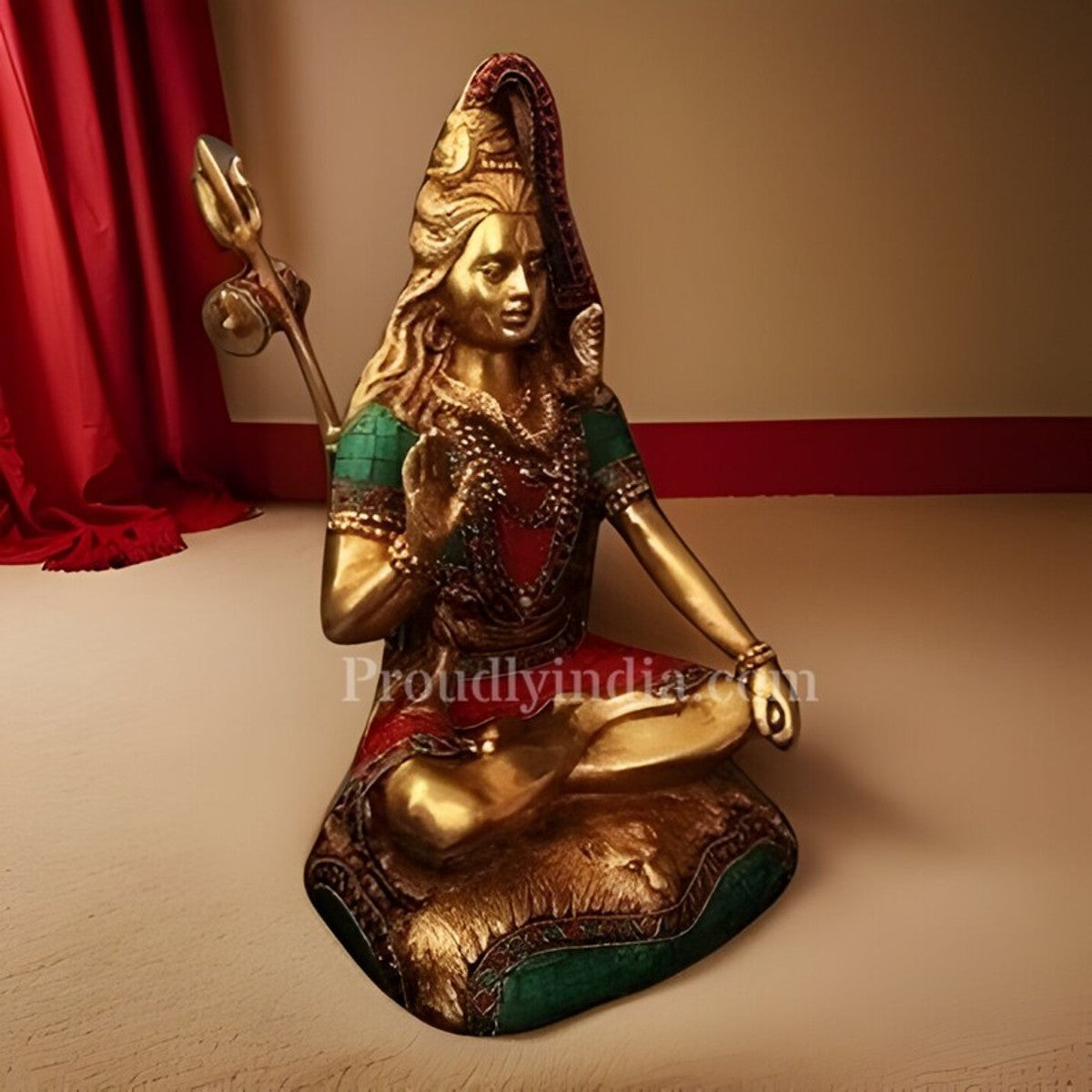 Exquisite 13.5 Inch Brass Lord Shiva Idol with Stones Embedded