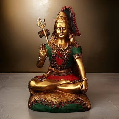 Exquisite 13.5 Inch Brass Lord Shiva Idol with Stones Embedded