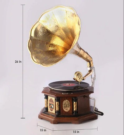 78 RPM Antique Gramophone With Brass Carved Horn