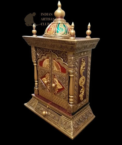 Antique Looking HandCrafted Art Work Prayer Units | Hindu Pooja Mandir | Home Mandir | Ghar Mandir | Home Temple With Door Drawer And Dome