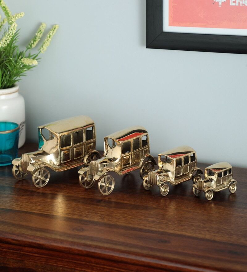 Gold Brass Vintage Car Set Of 4 Automobile Miniature