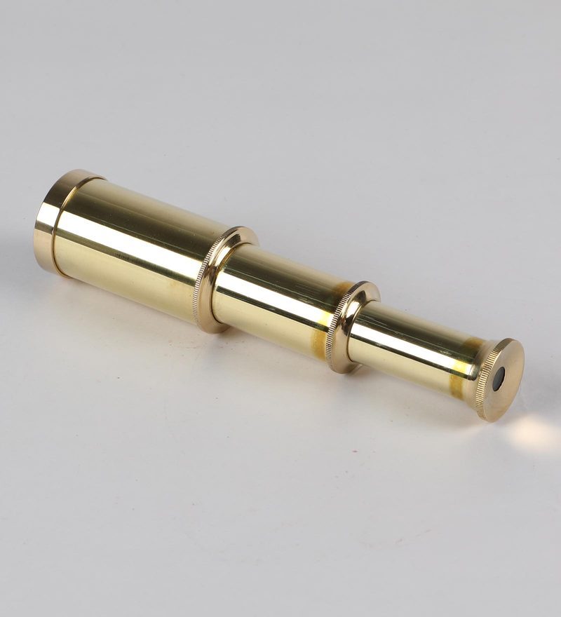 Antique And Compact Gold Finish Brass Telescope In Box
