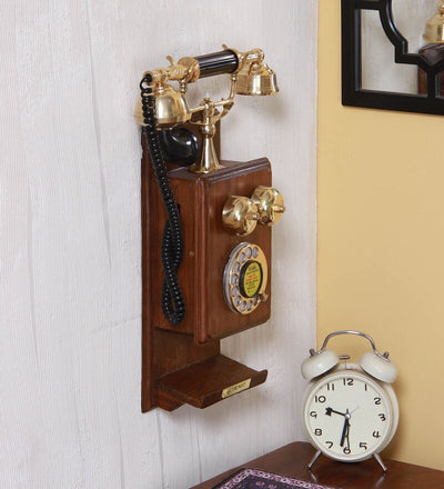 Wood And Brass Retro Telephone With Shelf