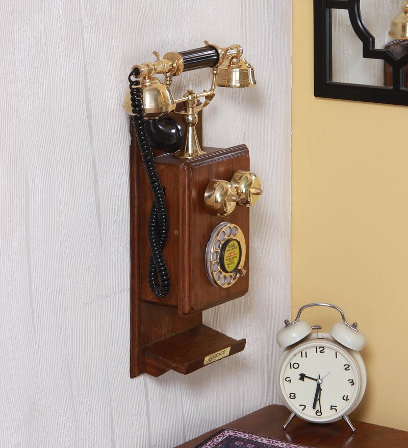 Wood And Brass Retro Telephone With Shelf